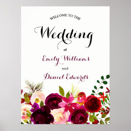 Burgundy Red Boho Floral Waterverf Wedding Poster