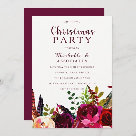 Burgundy Red Boho Floral Work Kerstparty Kaart (Voorkant / Achterkant)