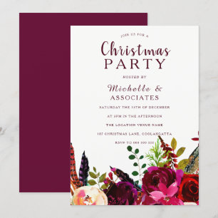 Burgundy Red Boho Floral Work Kerstparty Kaart