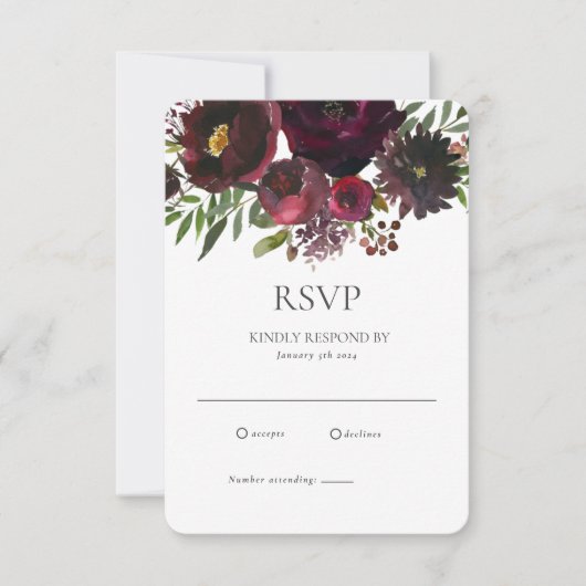 Burgundy Red Botanic Floral Custom Wedding RSVP Kaartje (Voorkant)