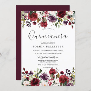 Burgundy Red Botanical Quinceanera Party Kaart
