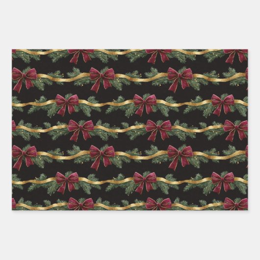 Burgundy Red Bows Gold Ribbons Christmas Inpakpapier Vel (Voorkant 3)