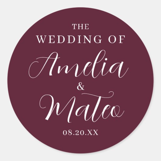 Burgundy Red Calligraphy Wedding Envelope Seal Ronde Sticker (Voorkant)