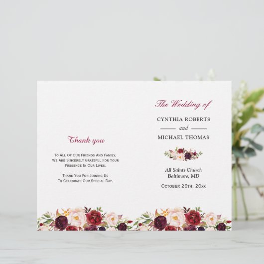 Burgundy Red Chic Floral vouded Wedding Programme (Staand voorkant)