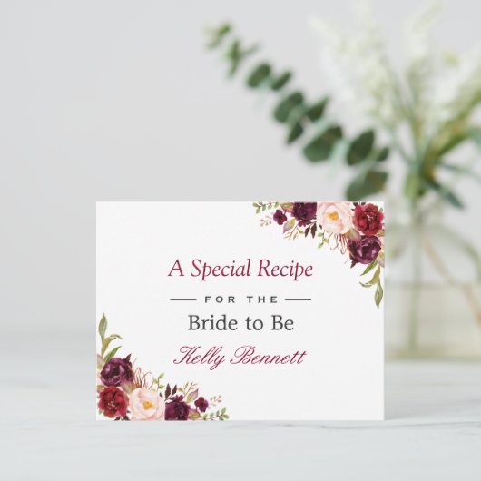 Burgundy Red Chic Floral Vrijgezellenfeest Recipe Briefkaart (Staand voorkant)