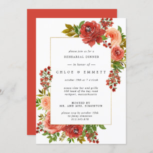Burgundy Red Coral Pink Floral Rehearsal Dinner Kaart