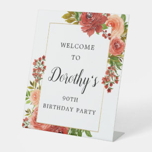 Burgundy Red Coral Pink Rose 90th Birthday Reclamebord Met Voetstuk