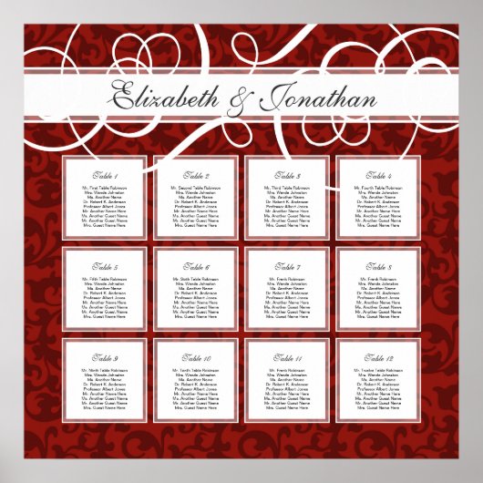 Burgundy Red Damask 12 Wedding Table Seating Chart Poster (Voorkant)