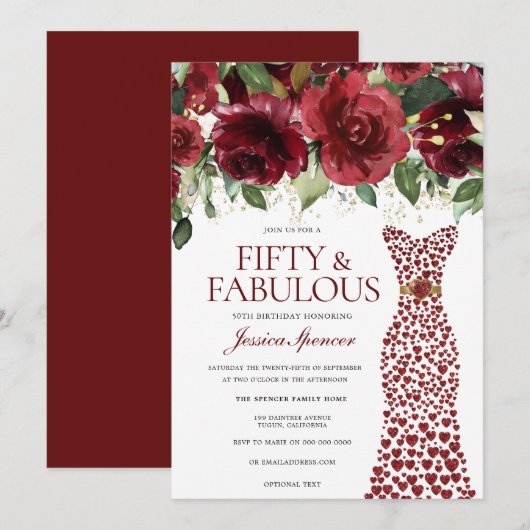 Burgundy Red Dress 50 & Fabulous 50th Birthday Kaart (Voorkant / Achterkant)