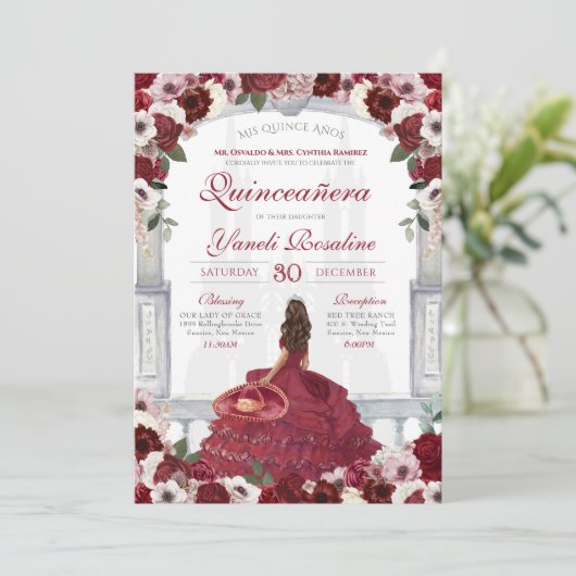 Burgundy Red Elegant Charro Princess Quinceanera Kaart (Staand voorkant)