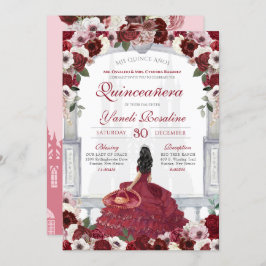 Burgundy Red Elegant Charro Princess Quinceanera Kaart