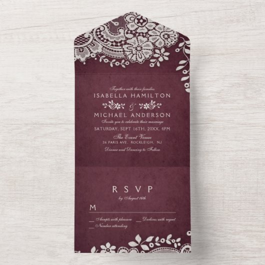 Burgundy red elegant  lace bruiloft all in one uitnodiging (Binnen)