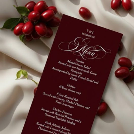 Burgundy Red Elegant Monogram Wedding Menu