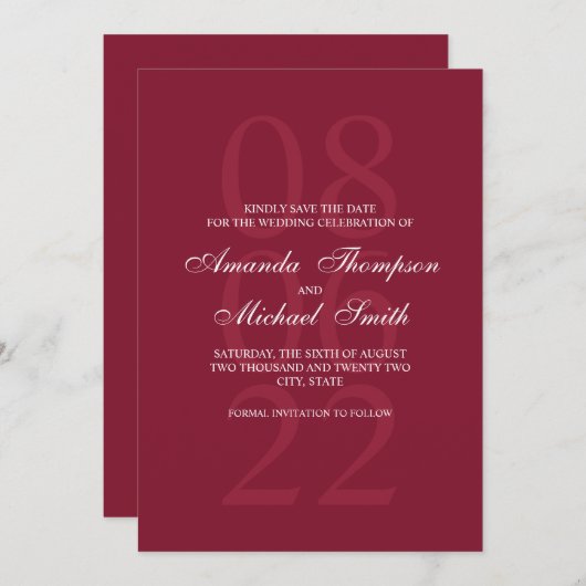 Burgundy Red Elegant Wedding Save the Date (Voorkant / Achterkant)