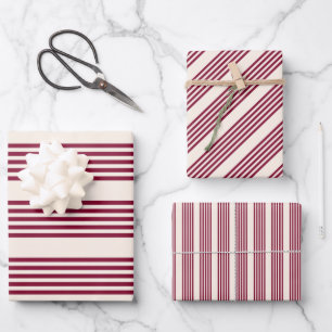 Burgundy Red en beige vijf strips Inpakpapier Vel