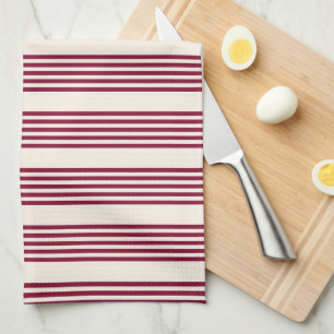 Burgundy Red en beige vijf strips Theedoek