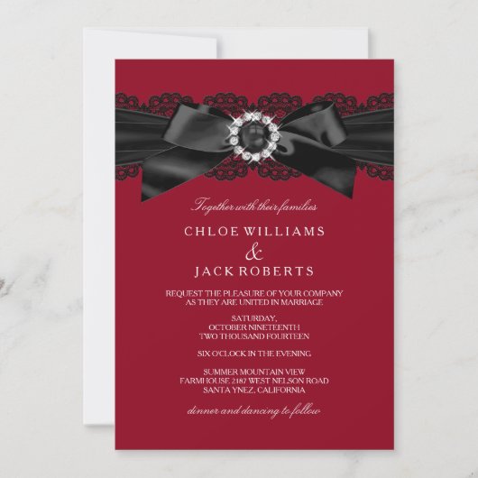 Burgundy Red en Black Pearl Bow Wedding Invite Kaart (Voorkant)