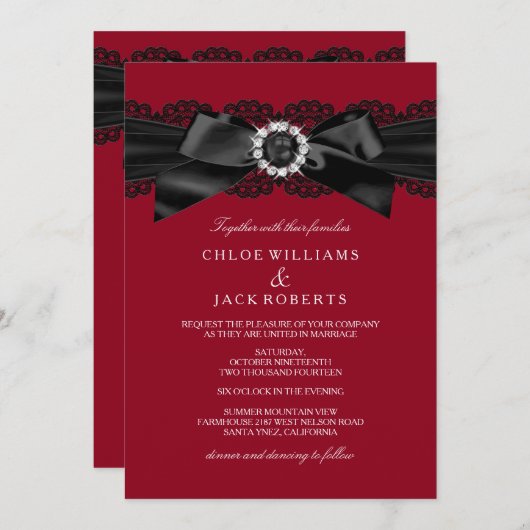 Burgundy Red en Black Pearl Bow Wedding Invite Kaart (Voorkant / Achterkant)