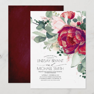Burgundy Red en Blush Floral Elegant Boho Wedding Kaart