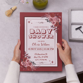 Burgundy Red en Blush Pink Floral Baby shower Kaart