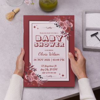 Burgundy Red en Blush Pink Floral Baby shower Kaart