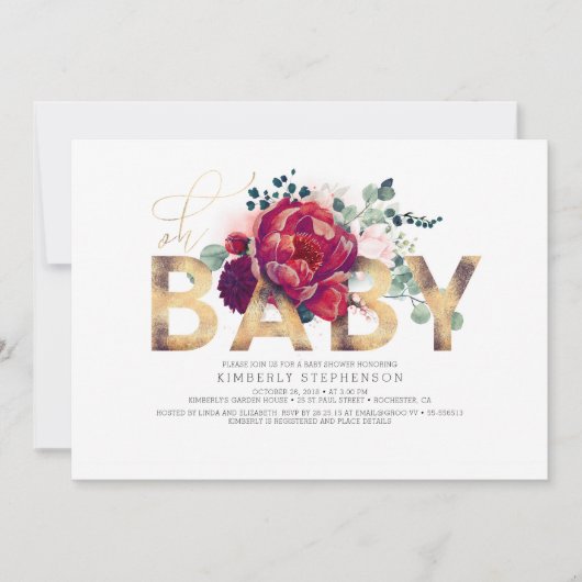 Burgundy Red en Blush Pink Floral Baby shower Kaart (Voorkant)