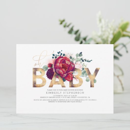 Burgundy Red en Blush Pink Floral Baby shower Kaart (Staand voorkant)