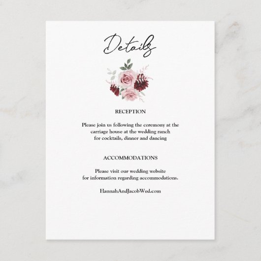 Burgundy Red en Blush Pink Floral Wedding Informatiekaartje (Voorkant)