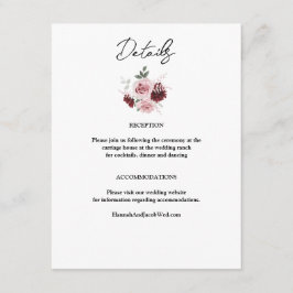 Burgundy Red en Blush Pink Floral Wedding Informatiekaartje