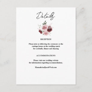 Burgundy Red en Blush Pink Floral Wedding Informatiekaartje