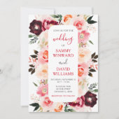 Burgundy Red en Blush Pink Floral Wedding Kaart (Voorkant)