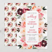 Burgundy Red en Blush Pink Floral Wedding Kaart (Voorkant / Achterkant)