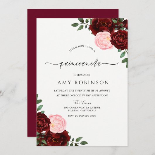 Burgundy Red en Blush Rozen Quinceanera Kaart (Voorkant / Achterkant)