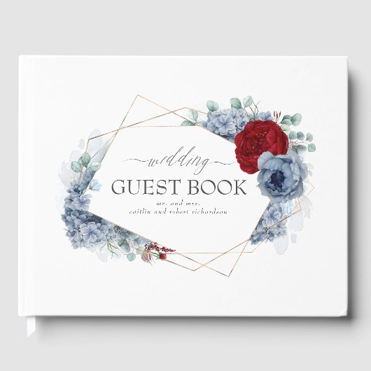 Burgundy Red en Dusty Blue Floral Wedding Gastenboek (Voorkant)