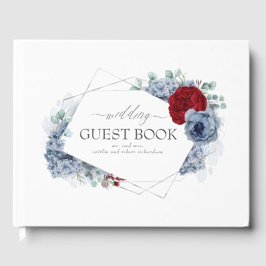 Burgundy Red en Dusty Blue Floral Wedding Gastenboek (Voorkant)