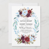 Burgundy Red en Dusty Blue Floral Wedding Kaart (Voorkant)