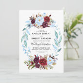 Burgundy Red en Dusty Blue Floral Wedding Kaart (Staand voorkant)