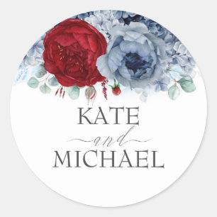 Burgundy Red en Dusty Blue Floral Wedding Ronde Sticker