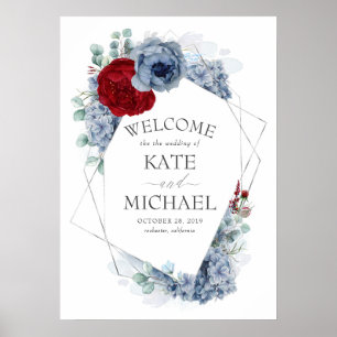 Burgundy Red en Dusty Blue Floral Wedding Welcome Poster