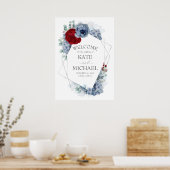 Burgundy Red en Dusty Blue Floral Wedding Welcome Poster (Keuken)