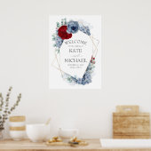 Burgundy Red en Dusty Blue Floral Wedding Welcome Poster (Keuken)