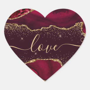 Burgundy Red en Faux Gold Glitter Agate Valentijns Hart Sticker