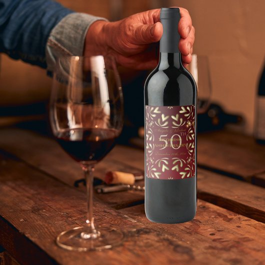 Burgundy Red en Gold 50th Wedding Jubileum Wijn Etiket