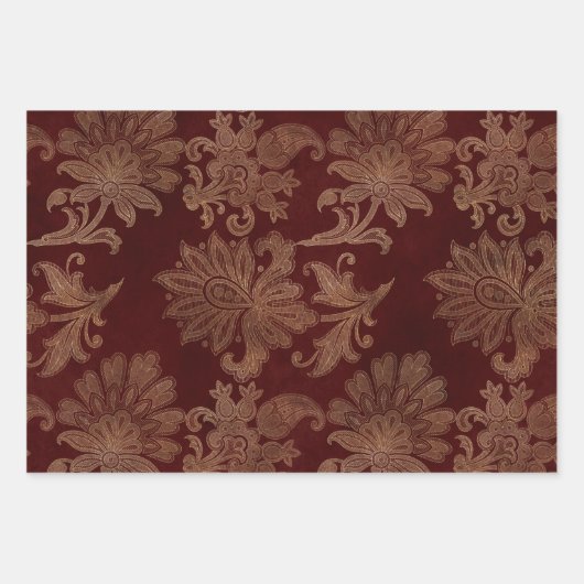 Burgundy Red en Gold Damask Inpakpapier Vel (Voorkant 3)