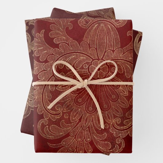 Burgundy Red en Gold Damask Inpakpapier Vel (In situ)