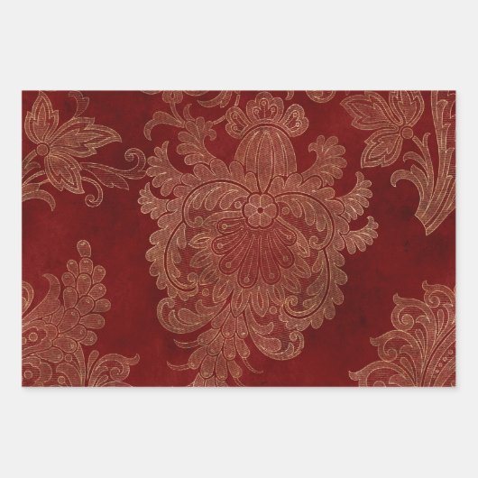 Burgundy Red en Gold Damask Inpakpapier Vel (Voorkant)