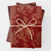Burgundy Red en Gold Damask Kerstmis Inpakpapier Vel (In situ)