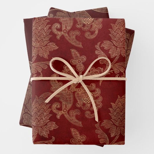 Burgundy Red en Gold Damask Kerstmis Inpakpapier Vel (In situ)