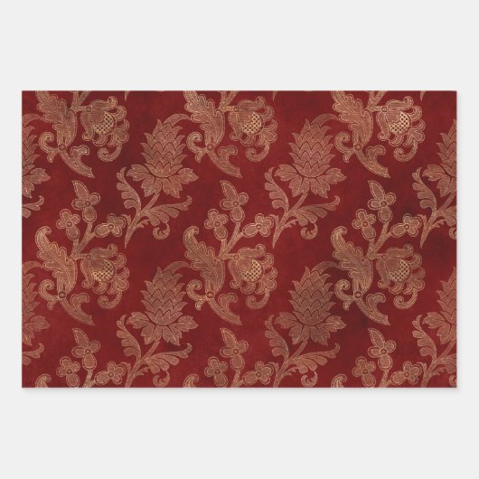 Burgundy Red en Gold Damask Kerstmis Inpakpapier Vel (Voorkant)