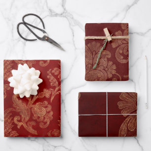 Burgundy Red en Gold Damask Kerstmis Inpakpapier Vel